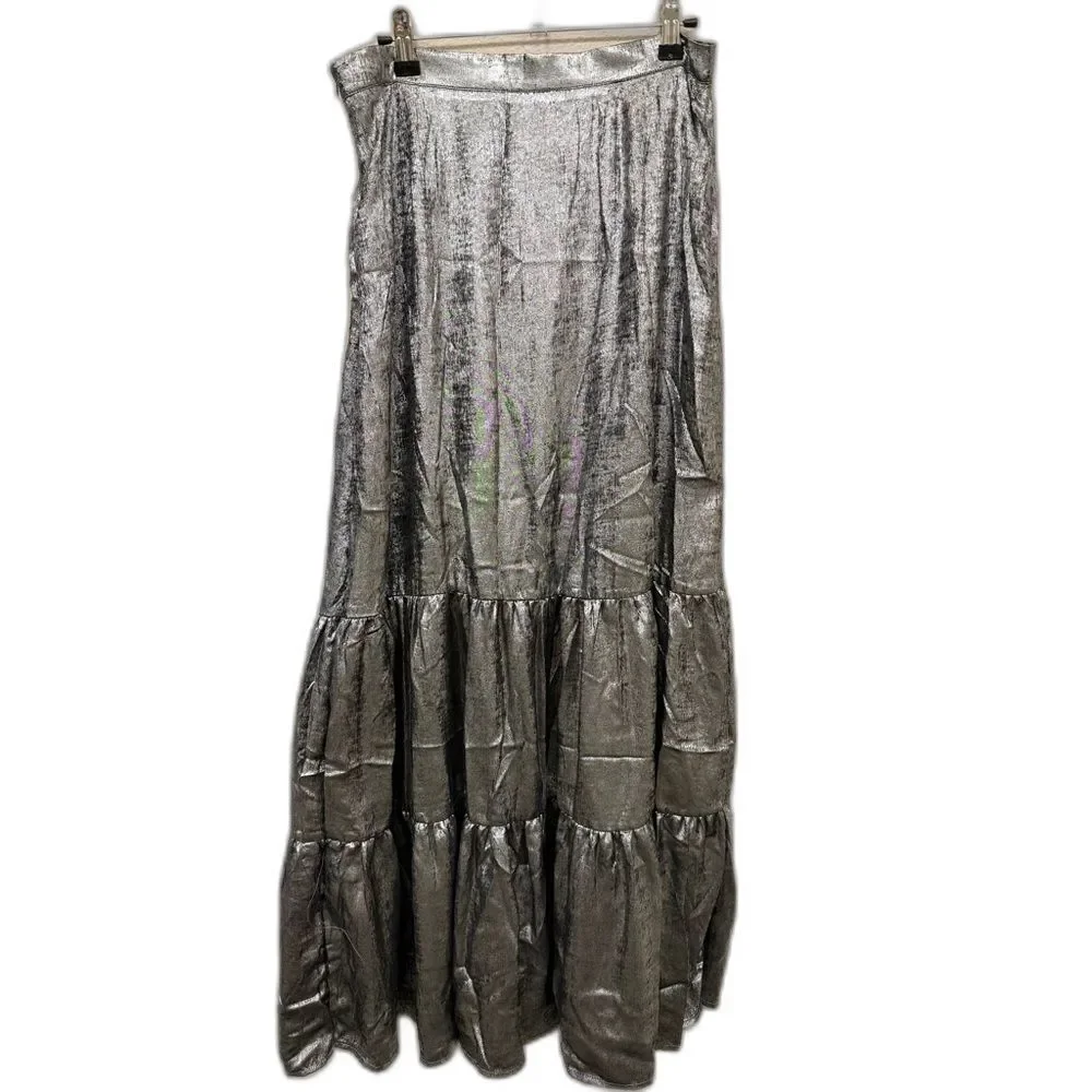 NWT NKN Nekane Metallic Silver Tiered Maxi Skirt - Medium - $140 MSRP - Picture 4 of 7